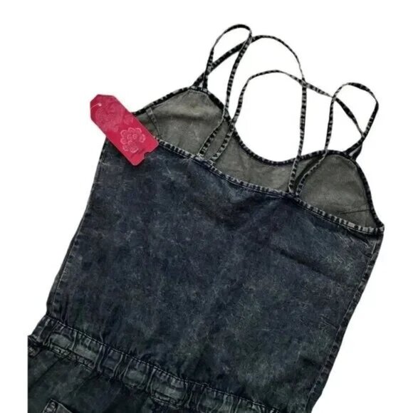 Wallflower Denim Romper L Blue Acid Wash Drawstring Pockets Festival Vibes - Picture 5 of 10